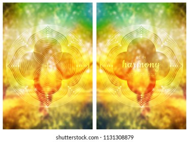 Vector set of cover template, format a4; Spiritual sacred geometry on beauty blurred background; Place for text; Yoga, meditation and relax.