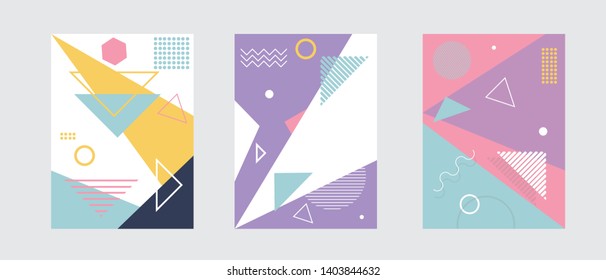 Vector set of cover templates in a memphis style with geometric objects. Covers templates set with trendy geometric patterns. Set of colorful vector backgrounds. Memphis style cover.