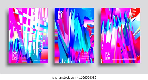 Vector set covers with bright dynamic geometric shapes. Cool design for flyer, poster, magazine, banner, brochure, placard, catalog, book, booklet, card.