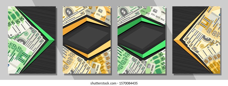 Vector set of Covers for Currency Exchange with copy space, decorative banners with cartoon paper banknotes of dollar usa, plastic debit cards, 100 european euro on gray abstract backdrop for text.