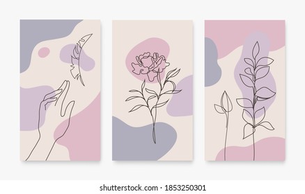 Vector set of covers for social media stories, cards, flyer, poster, mobile app, banners and other promotion. Continuous line hand drawn hands, florals, leaves