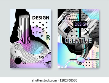 Vector set of covers templates with bauhaus and memphis graphic geometric glitch, fluid and liquid elements. Use for placards, flyers, brochures, posters, covers and banners.