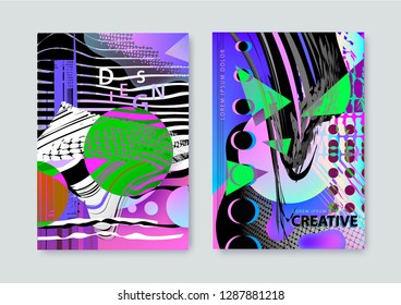 Vector set of covers templates with bauhaus and memphis graphic geometric glitch, fluid and liquid elements. Use for placards, flyers, brochures, posters, covers and banners.