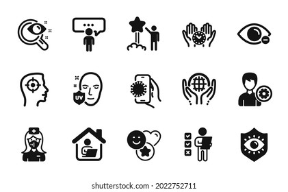 Vector Set Of Covid App, Vision Test And Consulting Business Icons Simple Set. Voting Ballot, Star And Organic Tested Icons. Uv Protection, Recruitment And Support Signs. Vector