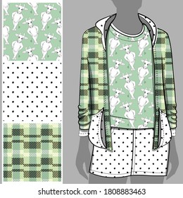 Vector set of cow, seamless patterns with  cow, polka dots and cell for printing on clothes or textil. A set for print on T-shirts, bags and other fashion products.