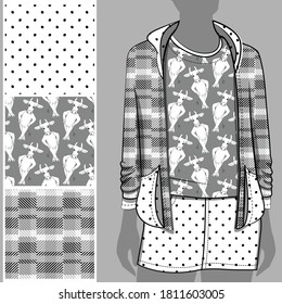 Vector set of cow, seamless patterns with  cow, polka dots and cell for printing on clothes or textil. A set for print on T-shirts, bags and other fashion products.