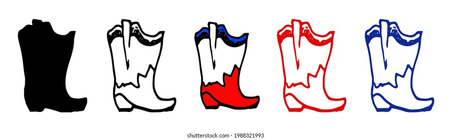 vector set of cowboy boots. isolated cowboy boot painted on the side in doodle style with red, white colors and blue stripes, with red and blue, black outline and silhouette on a white background 