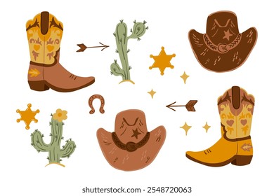 Conjunto de Vector de ilustraciones de vaqueros con botas, sombreros, cactus, estrellas sheriff, herraduras, flechas y estrellas en estilo rústico y occidental. Dibujos planos dibujados a mano aislados sobre fondo blanco