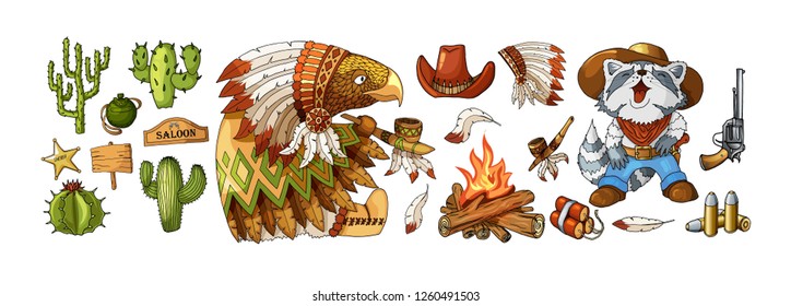 Vector Set Cowboy and Wild West Labels and Sticker Elements Cartoon colored characters american cowboy laughing raccoon and wisdom eagle in traditional indian national costume dress. Isolated on white