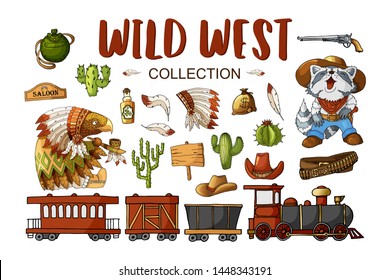 Vektor Set Cowboy und Wild West Labels und Sticker Elements mit Classic Western Train in Cartoon Style einzeln auf weißem Hintergrund