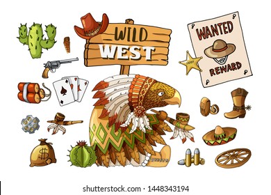 Vector Set Cowboy and Wild West Labels and Sticker Elements Cartoon colored character wisdom eagle in traditional indian national costume dress. Isolated on white