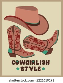 Vector set of cowgirl accessories. Stylish hat and boots. Retro cowgirl outfit.