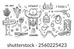 A vector set with a cowgirl, a revolver, a cactus, a cowboy boot, a rose, whiskey, a rope, a pointer to the Wild West and a snake. Lettering and inscriptions. Hand-drawn doodle illustrations