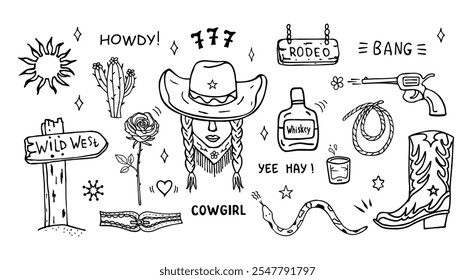 A vector set with a cowgirl, a revolver, a cactus, a cowboy boot, a rose, whiskey, a rope, a pointer to the Wild West and a snake. Lettering and inscriptions. Hand-drawn doodle illustrations