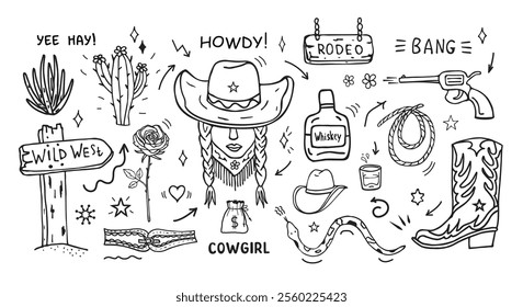 A vector set with a cowgirl, a revolver, a cactus, a cowboy boot, a rose, whiskey, a rope, a pointer to the Wild West and a snake. Lettering and inscriptions. Hand-drawn doodle illustrations