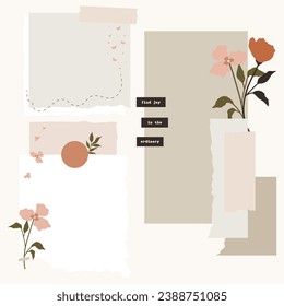 Vector set of cozy aesthetic notepad, memo pad, ripped and torn paper edges sticker elements