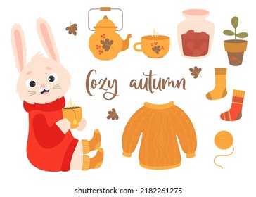 Vector set of cozy autumn. Cute rabbit with cup of hot tea, knitted clothes, teapot, strawberry jam, an indoor flowerpot and ball of thread. Vector illustration. Isolated elements for fall design