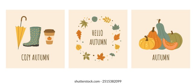 Vector set cozy of autumn greeting cards with pumpkins, leaves, umbrella, boots and pumpkin spice latte. Cute Thanksgiving invitation. Seasonal fall hand drawn postcard.