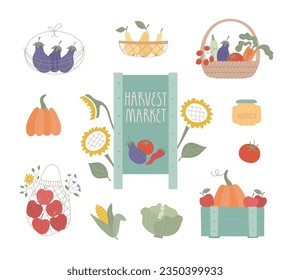 Conjunto vectorial de acogedoras ilustraciones otoñales. Elementos tradicionales del diseño del festival de la cosecha de otoño. Pancarta de madera, verduras, frutas en canasta, caja, bolsa para pegatinas, carta, invitación.