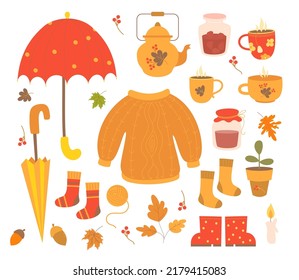 Vector set cozy autumn. Umbrella, sweater and knitted socks, jar of jam, kettle and hot tea, autumn leaves and acorns, rubber boots and candle. Isolated elements for fall design and decor, cards .