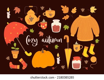 Vector set cozy autumn. Umbrella, sweater and knitted socks, jar of jam, cup, kettle and hot tea, autumn leaves and pumpkin. Isolated elements for fall design and decor, cards and printing 
