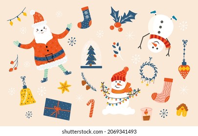 Vector set of cozy Christmas decorations with snowmen and santa. Bundle of bauble, wreath, gifts, socks, fir tree. Kids illustration. Scrapbook trendy collection