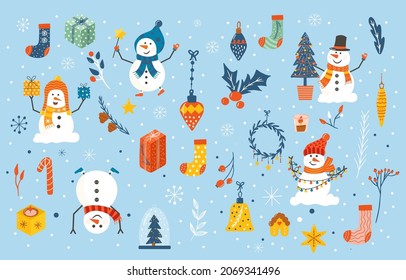 Vector set of cozy Christmas decorations with snowmen Bundle santa and  gingerbread cookies, gifts, socks, fir tree. Kids illustration. Scrapbook trendy collection
