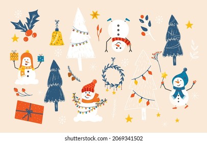Vector set of cozy Christmas decorations with snowmen. Bundle of bauble, wreath, gifts, socks, fir tree. Kids illustration. Scrapbook trendy collection