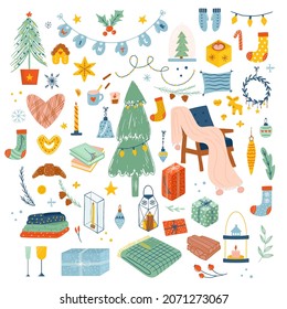 Vector set of cozy Christmas decorations. Bundle of mugs and sweets, hot cocoa, coffee, cake, gingerbread cookies, gifts, knitted woolen clothes, sofa. Kids illustration. Scrapbook trendy collection