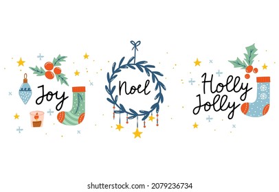 Vector set of cozy Christmas decorations with text. Bundle santa and sweets, hot cocoa, coffee, cake, gingerbread cookies, gifts, knitted woolen clothes. Kids illustration. Scrapbook trendy collection