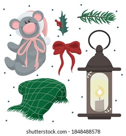 Vector set of cozy clip arts with cute teddy bear in santa hat, holly, plaid, red ribbon, old fashioned lantern, fir tree branch