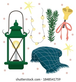 Vector set of cozy clip arts with garland, plaid, old fashioned lamp, bell with ribbon, stars, and fir tree branches