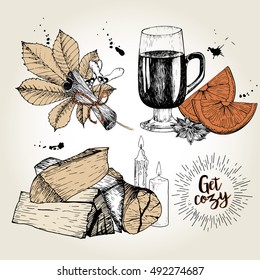 Vector set of cozy home essentials. Mulled wine, anise, orange, cinnamon, chestnut leaf, firewoods, candles. Hand drawn vintage style. Use for holiday domestic sale. 