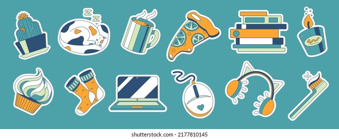 Vector set of cozy home stickers on a teal green background. Different symbols. Isolated minimal illustrations