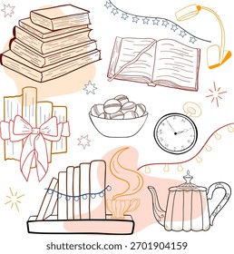 Vector set cozy reading atmosphere. Collection features stacked books, open book, teapot, retro clock, bowl of sweets, fairy light, stars. All elements hand-drawn in doodle style.