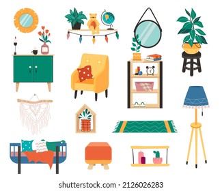 Vector set of Cozy Scandinavian Furniture. Accessories, decor for Hygge Interior. Potted Plants, mirrors, Chest of drawers, Armchair, Shelves. colorful flat Home collection isolated on white.