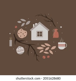 Vector set with cozy winter and autumn elements isolated on brown background. Home, cup, pouch, christmas ball, cookies, candle, foliage, tree branches, berries.