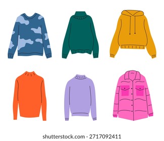 Vector set of cozy winter and autumn clothes. Flat hand-drawn illustration of colorful sweaters, hoodie, and jacket. Warm seasonal fashion collection isolated on white background