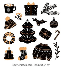 Vector set of cozy winter holiday symbols. Christmas tree, candles, gifts, hot drink, warm clothes, Christmas stocking and others, stylish stickers collection for decoration.