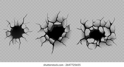 Vector set of cracks with black holes, overlay effect. Realistic damage to concrete wall, ground. Earthquake, broken ground, drought or erosion. Transparent isolated background. Illustration.