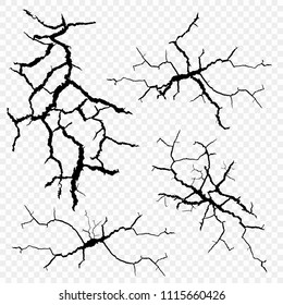 Vector set of cracks in the surface. The elements of a fault in the earth, isolated on a transparent background.