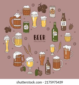 Vector set of craft beer in bottles, mugs and cans. Different shapes and colors. Isolated elements of alcogol beverages. Beer foam. Wood and glass mugs. Pub and bar dark beer.