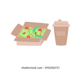 Conjunto vectorial de caja artesanal de comida y una taza de café, envasado para comida y bebida aislado en blanco. Ilustración vectorial en estilo plano. Supermercado, tienda, restaurante, paquete de comida rápida.