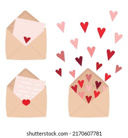 Vector set of craft envelopes with postcards and hearts. Festive heart confetti. Valentine's day vector illustration for design.