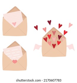 Vector set of craft envelopes with postcards and hearts. Festive heart confetti. Valentine's day vector illustration for design.