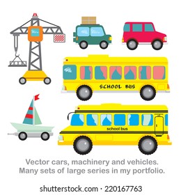 Vector set cars,ya?ht,construction crane, two school buses.A lot of cars, machinery and various transport is available in my portfolio.