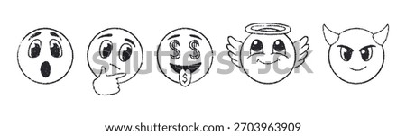 Vector set of crayon doodle emoji faces. Hand-drawn round emoticons featuring bewilderment, wonder, money in eyes, surprise, devil and angel mood. Characters with simple rough lines in sketch style.
