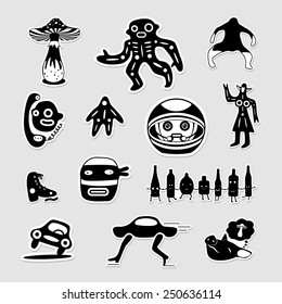 Vector set of crazy bizarre black and white stickers.