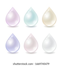 Vector set of cream pastel drops isolated on white background. Different colors droplets can used for template cosmetic ad. Realistic illustration.