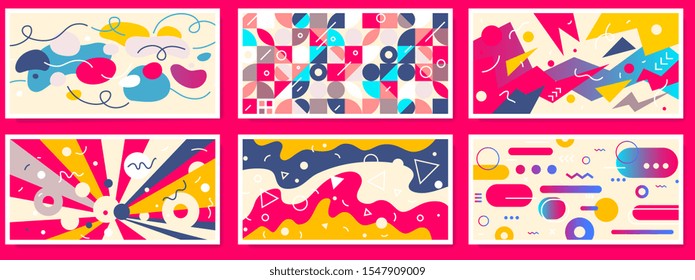 Vector set of creative abstract illustration with wave shape, geometric element and line on light background. Flat style bright design for web, site, social media banner